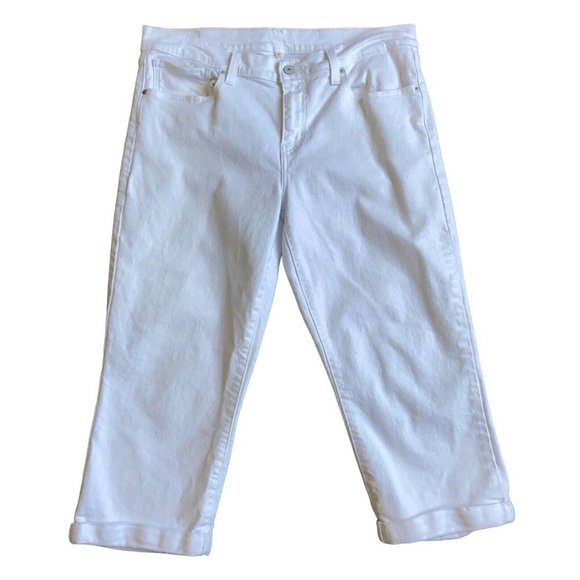 Levis Shorts Womens 31 White Skimmer Mid Rise Denim Rolled Hem Pedal Pusher EUC - Picture 1 of 12